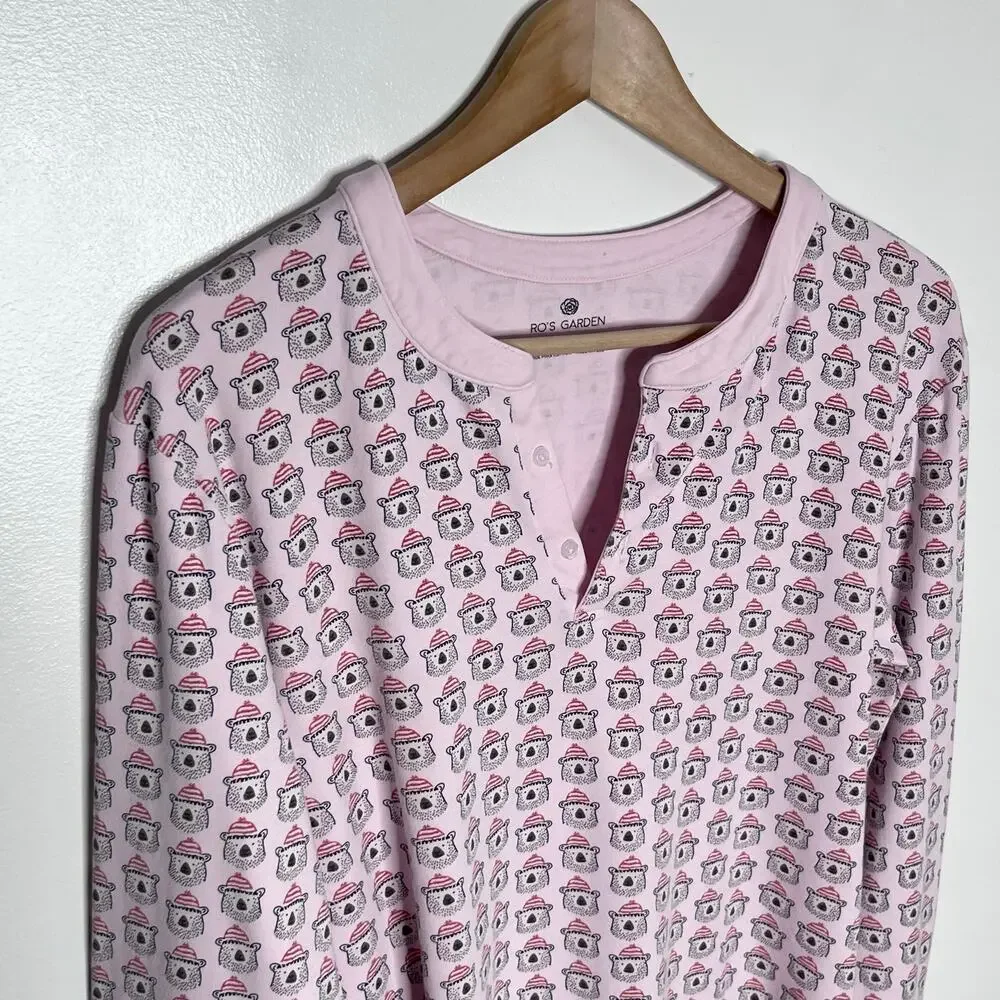 Ro’s Garden Bizzy Bear Pima Cotton Pajama Set Pink Bear Print Sleepwear L